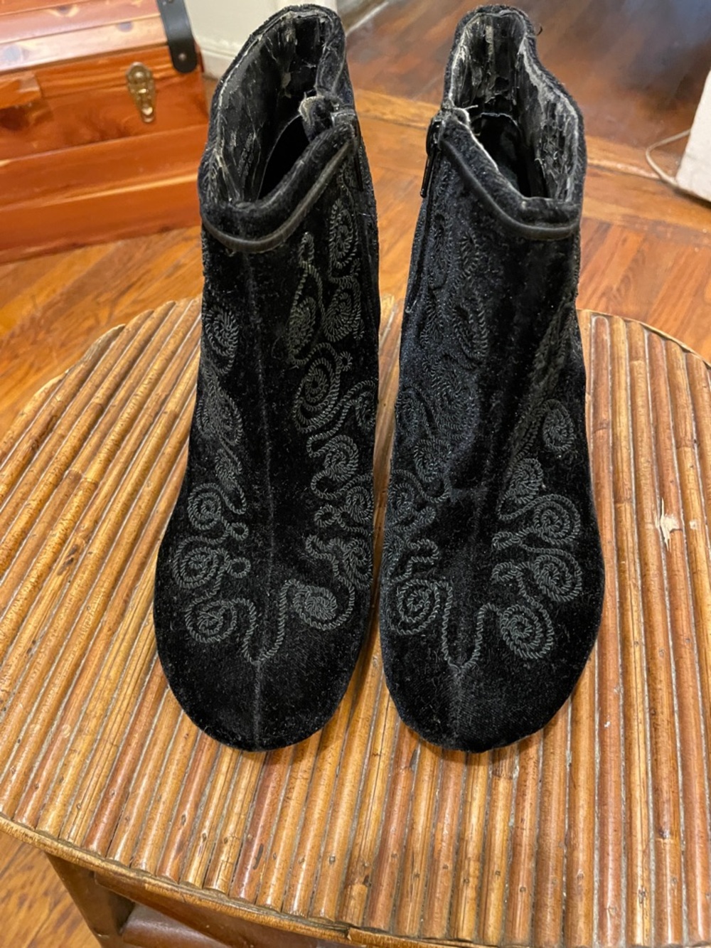 Black Velvet Embroidered Ankle Booties